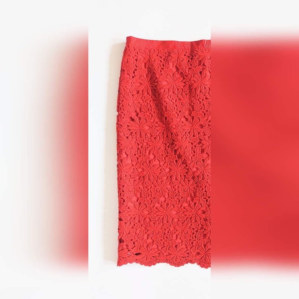 Talbots Knee Length Lace Scallop Hem Pencil Skirt Size 10 Red - Picture 2 of 8